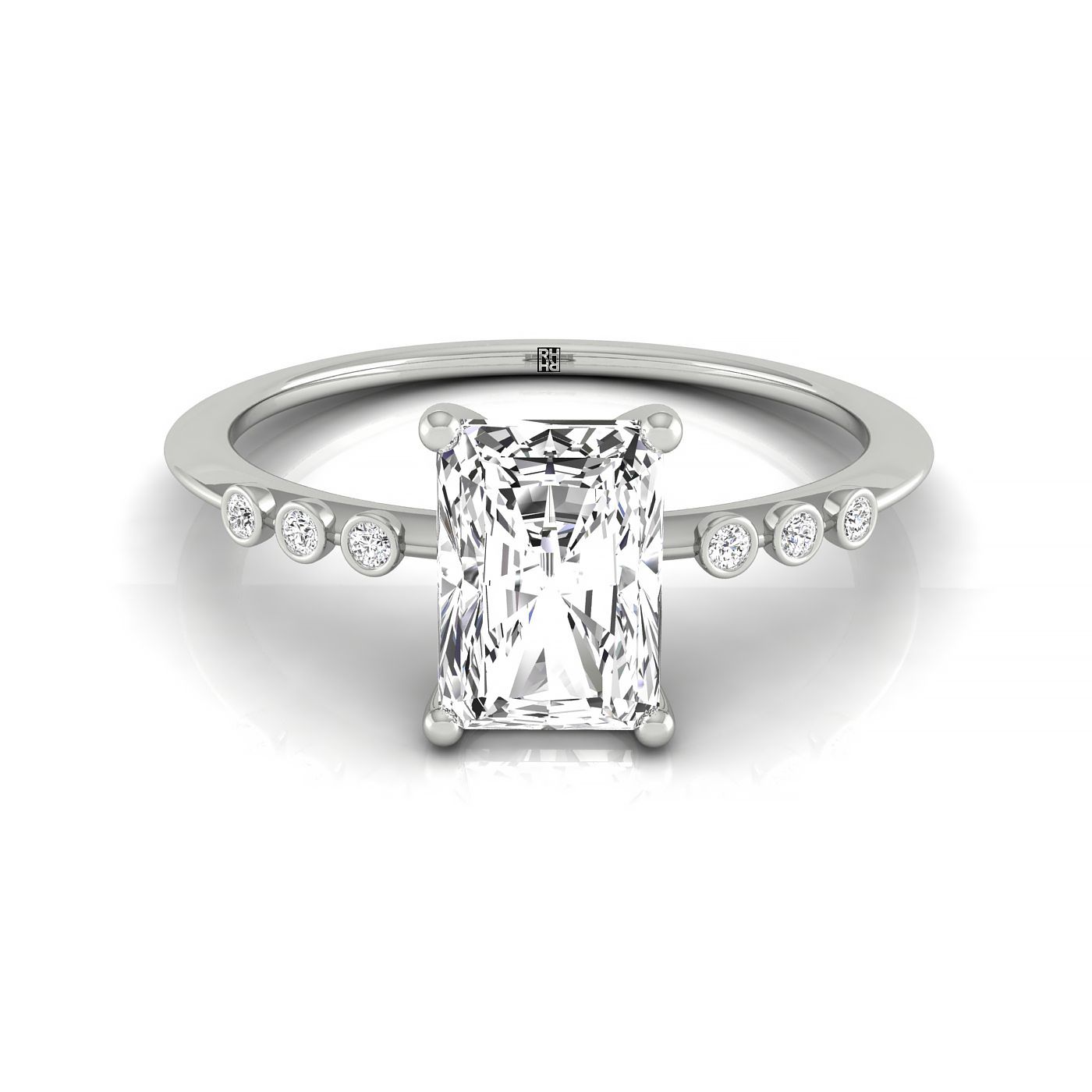 Plat Radiant Engagement Ring With 6 Bezel Set Round Diamonds On Shank