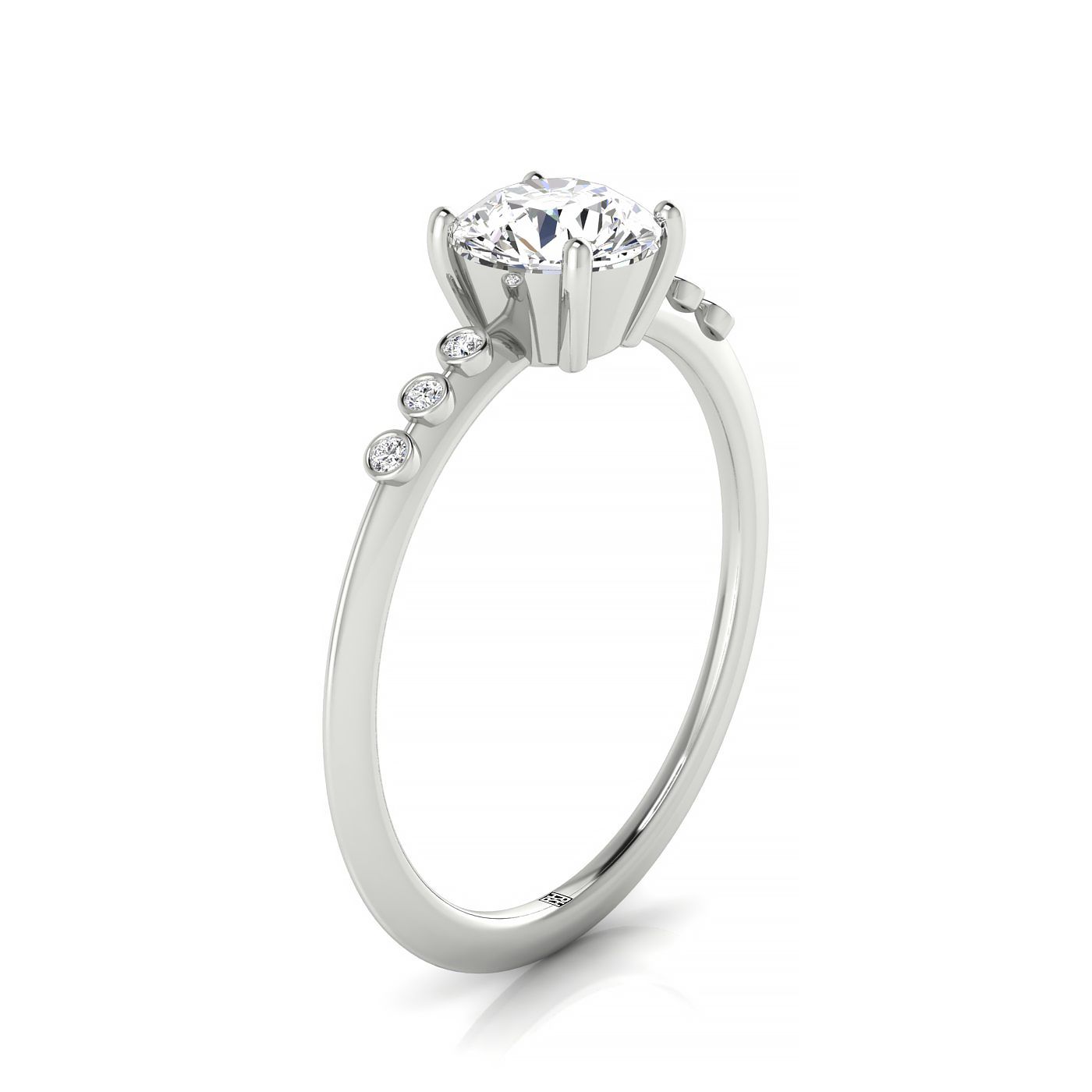 Plat Round Engagement Ring With 6 Bezel Set Round Diamonds On Shank