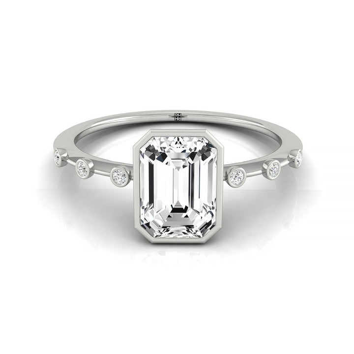 Emerald Cut, Bezel Accent Solitaire Emerald, in 18K White Gold – front view | RockHer