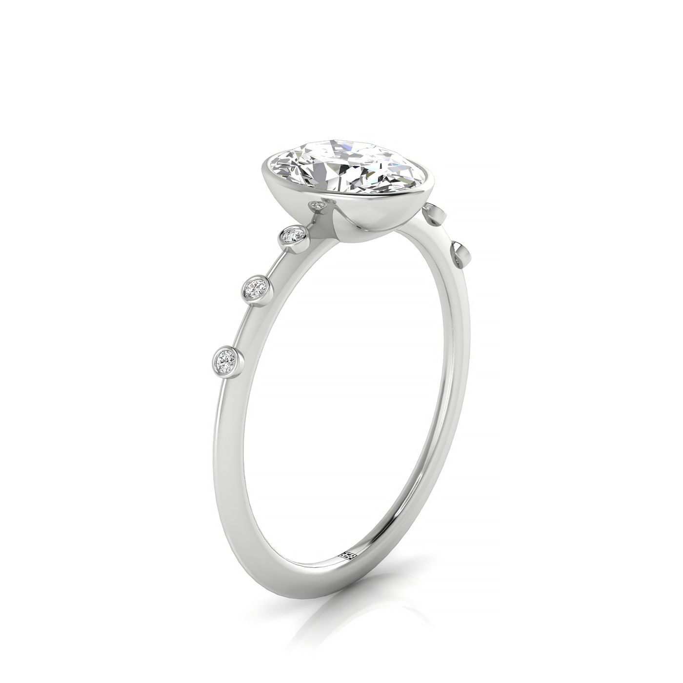 14kw Bezel Set Oval Engagement Ring With 6 Bezel Set Round Diamonds On Shank