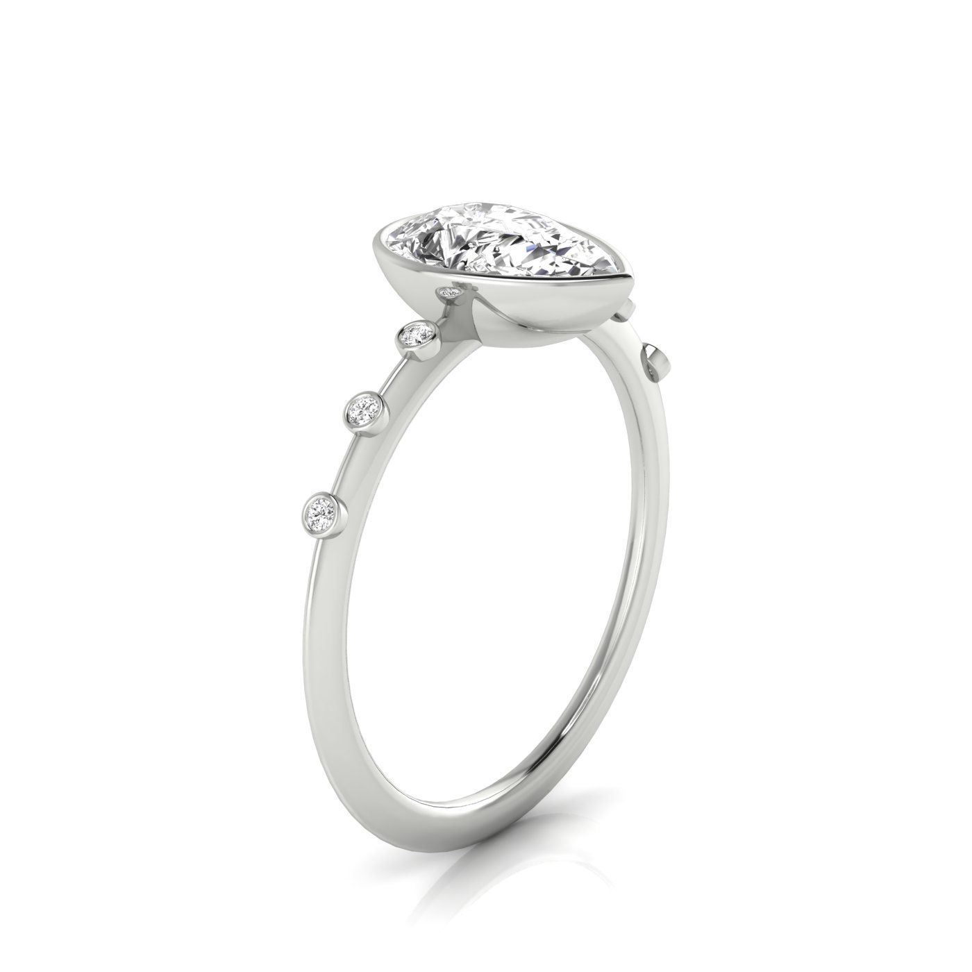14kw Bezel Set Pear Engagement Ring With 6 Bezel Set Round Diamonds On Shank