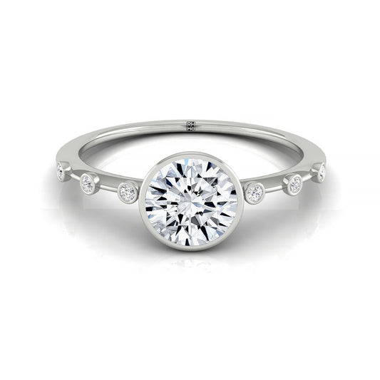 18kw Bezel Set Round Engagement Ring With 6 Bezel Set Round Diamonds On Shank