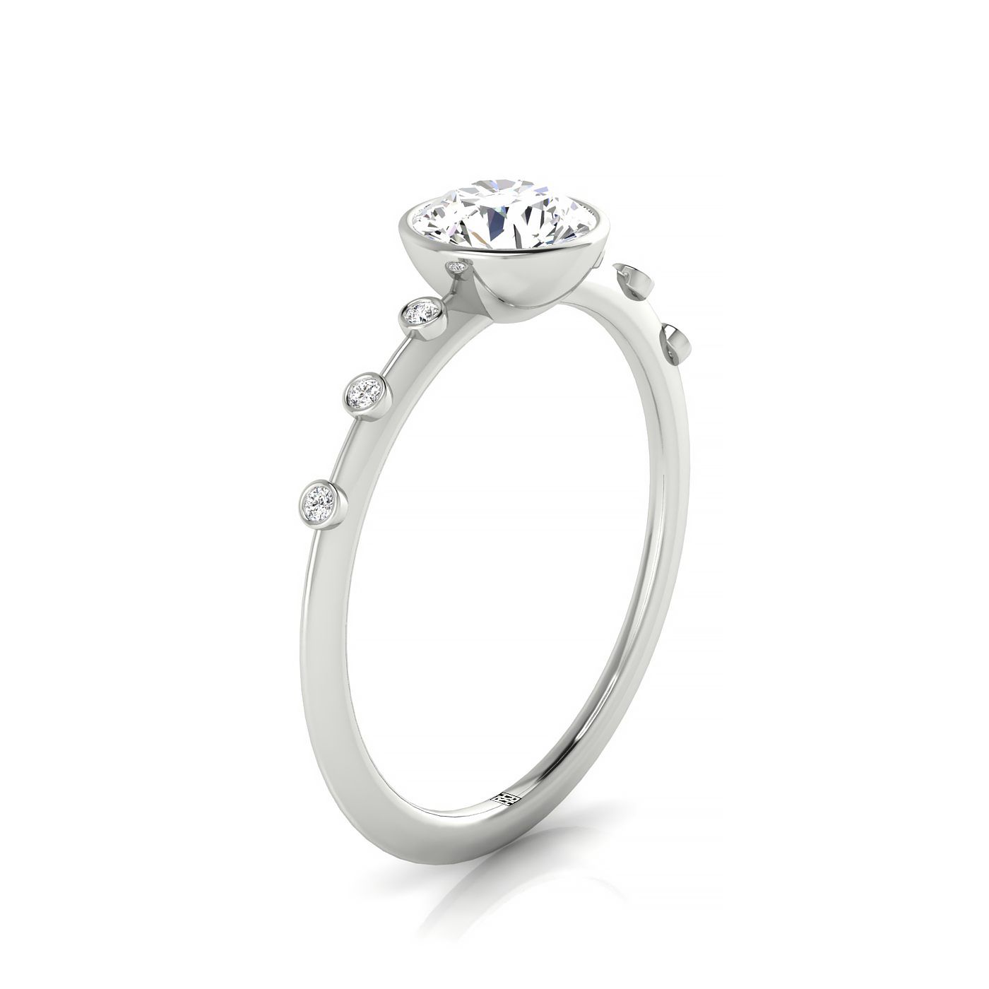 14kw Bezel Set Round Engagement Ring With 6 Bezel Set Round Diamonds On Shank