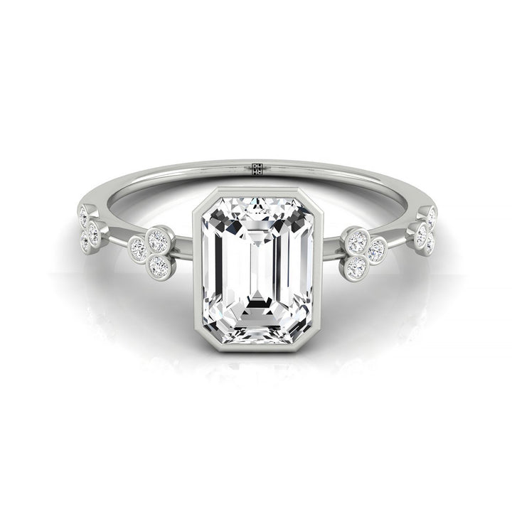 Emerald Cut, Clover Bezel Accent Solitaire Emerald, in Platinum – front view | RockHer