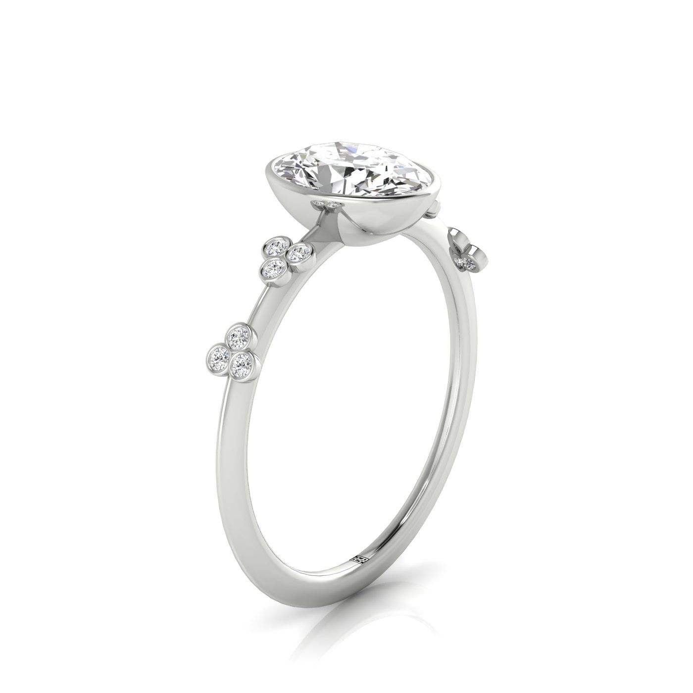 Plat Bezel Set Oval Engagement Ring With 12 Clover Bezel Set Round Diamonds On Shank