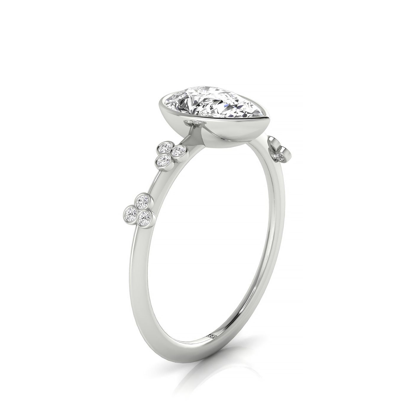 14kw Bezel Set Pear Engagement Ring With 12 Clover Bezel Set Round Diamonds On Shank