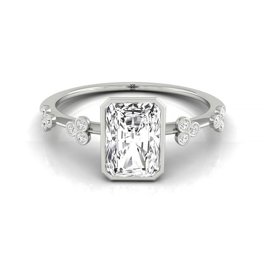Plat Bezel Set Radiant Engagement Ring With 12 Clover Bezel Set Round Diamonds On Shank