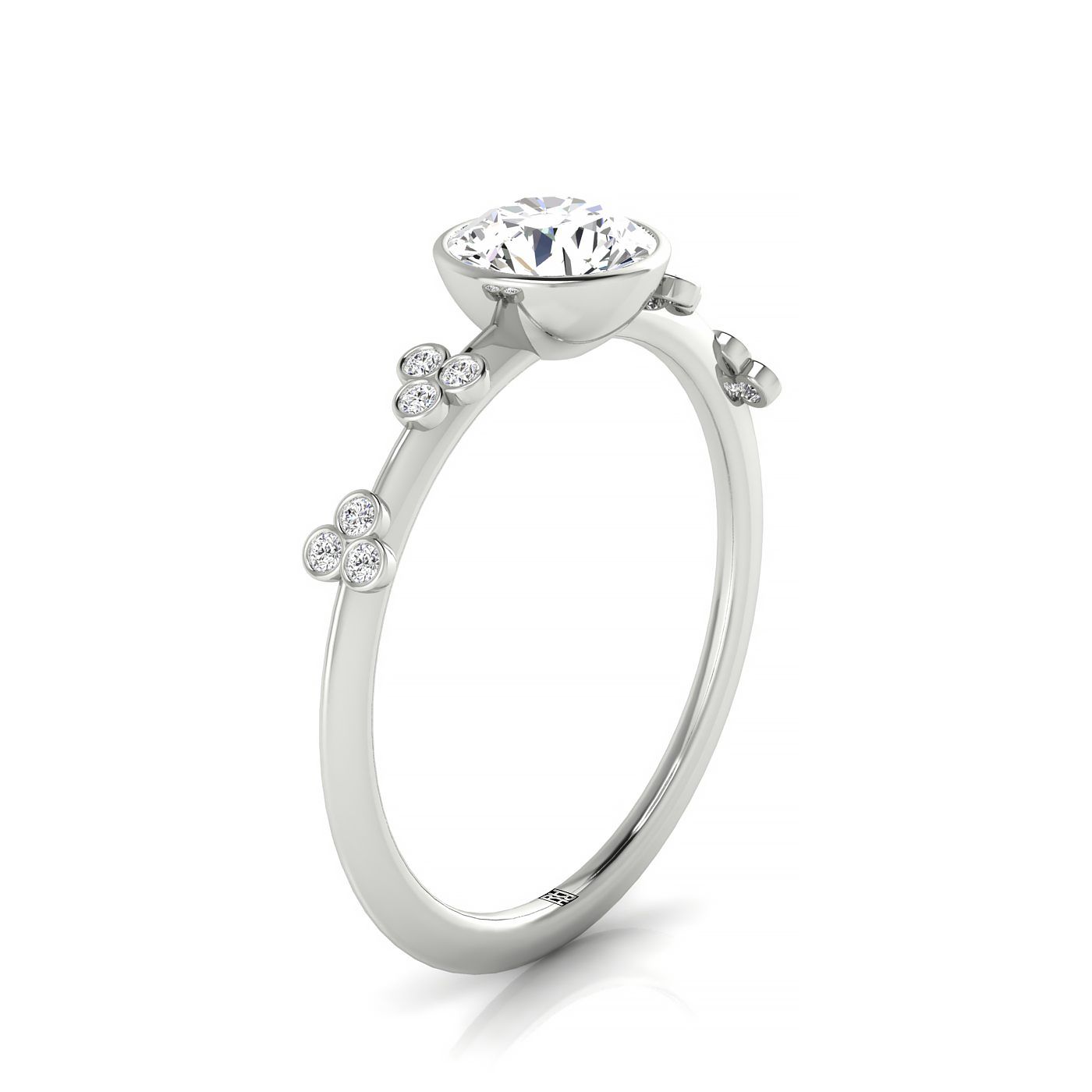 18kw Bezel Set Round Engagement Ring With 12 Clover Bezel Set Round Diamonds On Shank