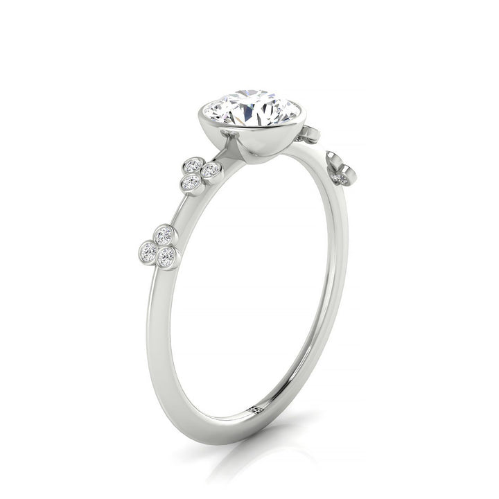 18kw Bezel Set Round Engagement Ring With 12 Clover Bezel Set Round Diamonds On Shank