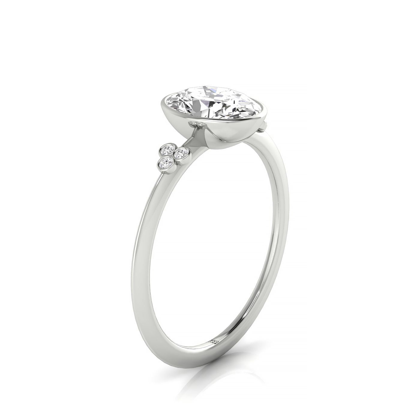 14kw Bezel Set Oval Engagement Ring With 6 Clover Bezel Set Round Diamonds On Shank