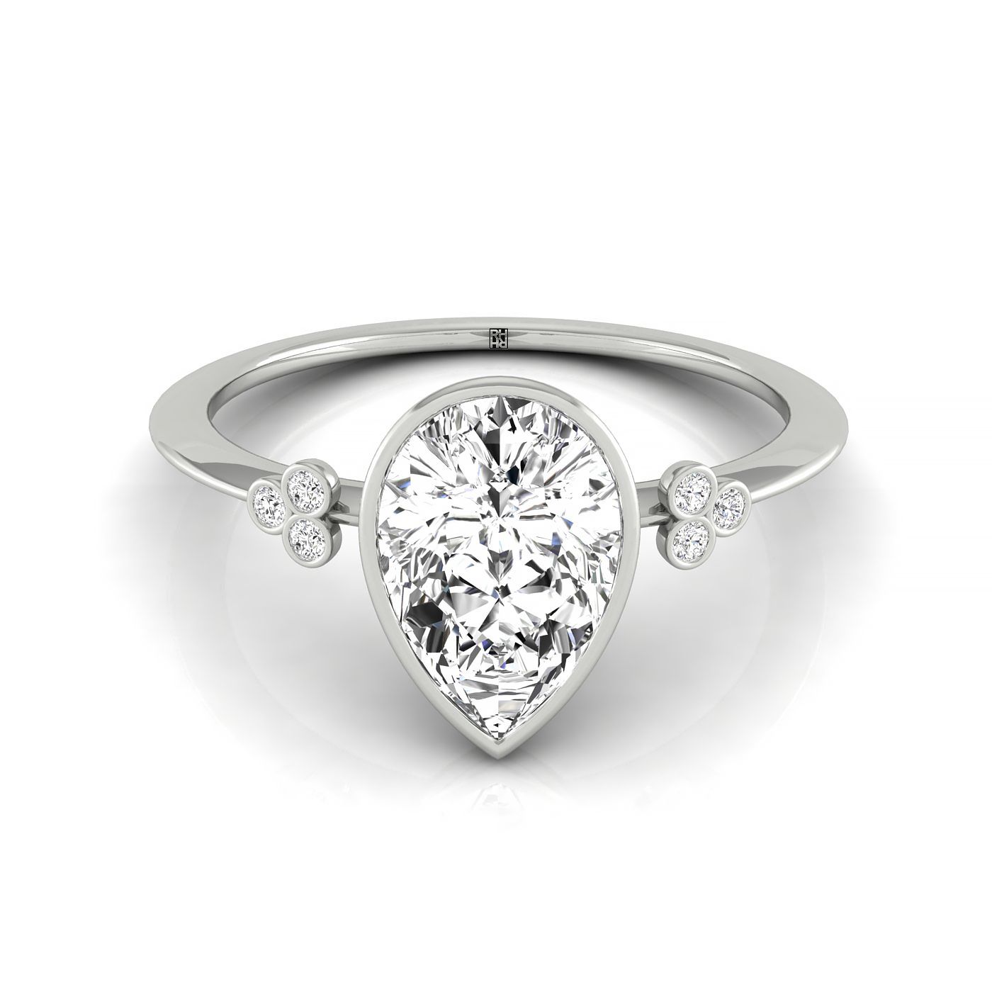 Clover Bezel Accent Solitaire Princess, in 18K White Gold – front view | RockHer