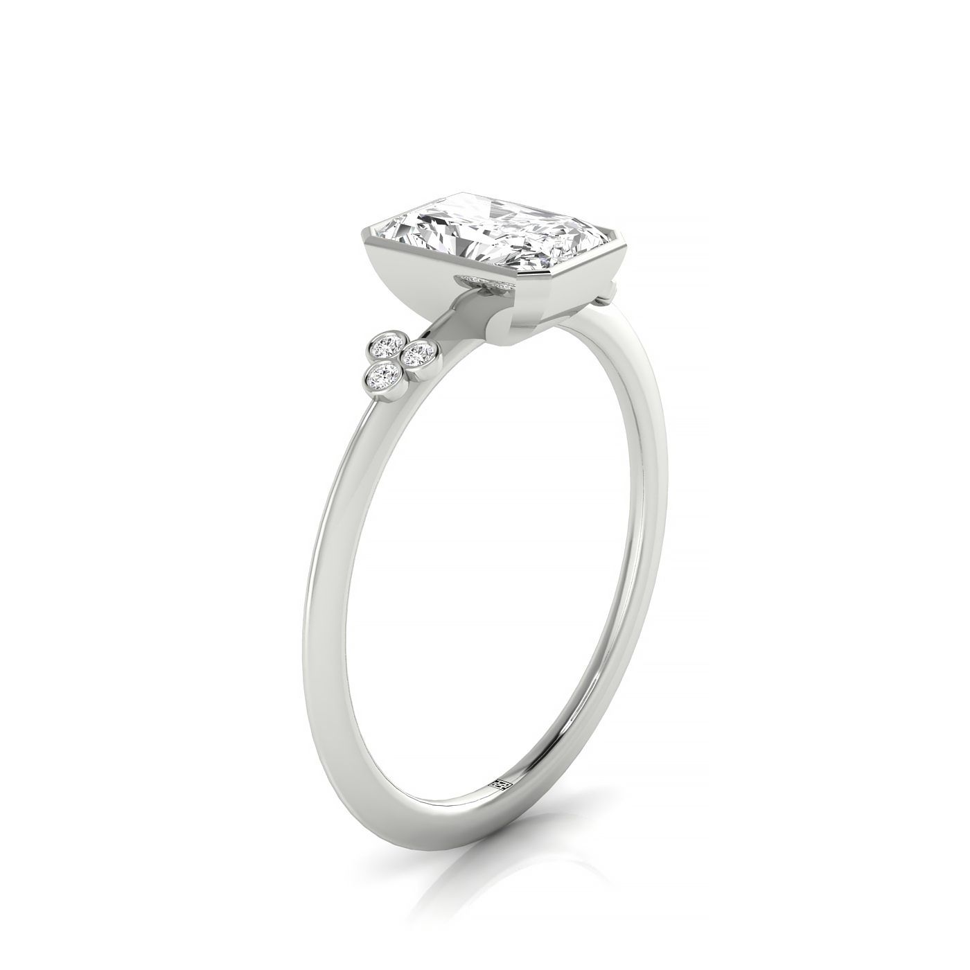 18kw Bezel Set Radiant Engagement Ring With 6 Clover Bezel Set Round Diamonds On Shank