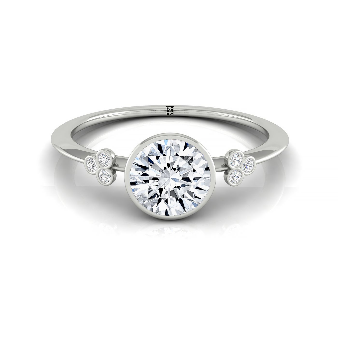 18kw Bezel Set Round Engagement Ring With 6 Clover Bezel Set Round Diamonds On Shank