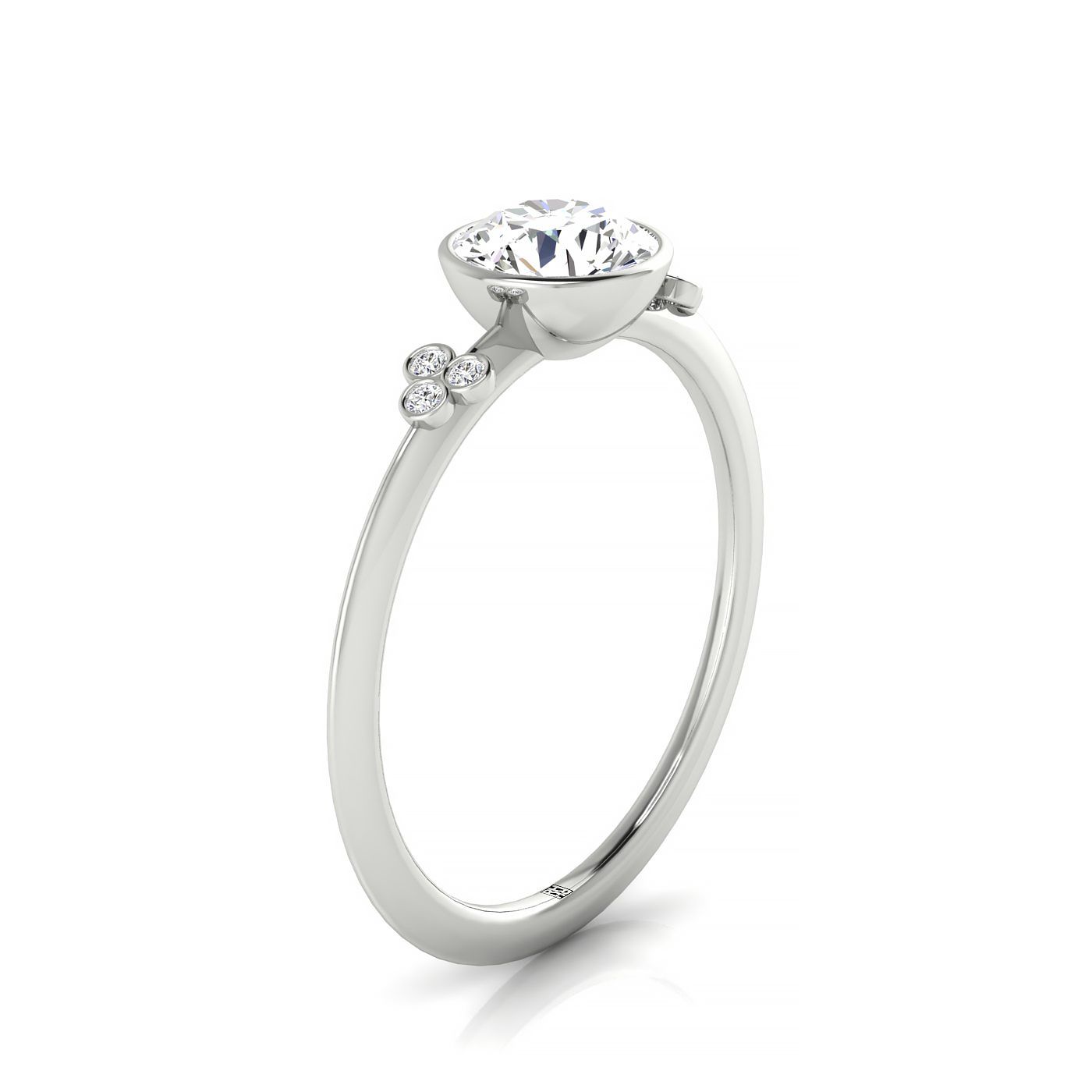 18kw Bezel Set Round Engagement Ring With 6 Clover Bezel Set Round Diamonds On Shank