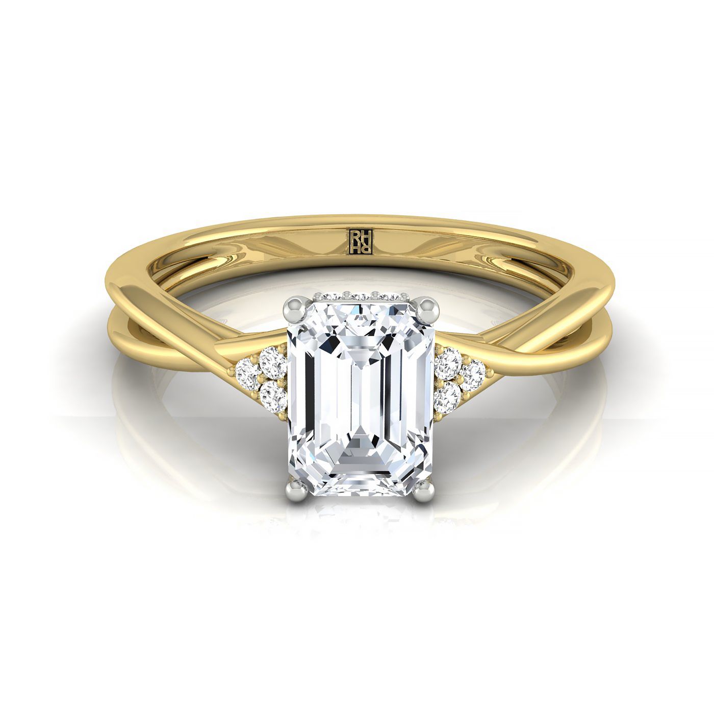 18ky Fancy Emerald Twisted Shank Double Hidden Halo Engagement Ring With 35 Prong Set Round Diamonds Sz 7.5