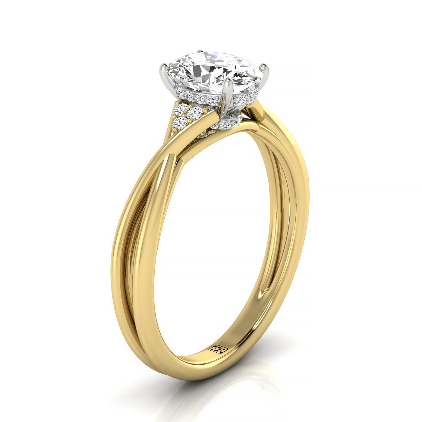 14ky Fancy Oval Twisted Shank Double Hidden Halo Engagement Ring With 35 Prong Set Round Diamonds Sz 7.5