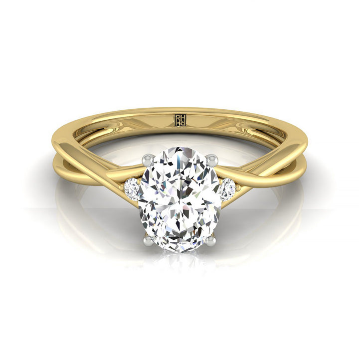 Twisted Shank Hidden Halo Solitaire Oval, in 18K Yellow Gold – front view | RockHer