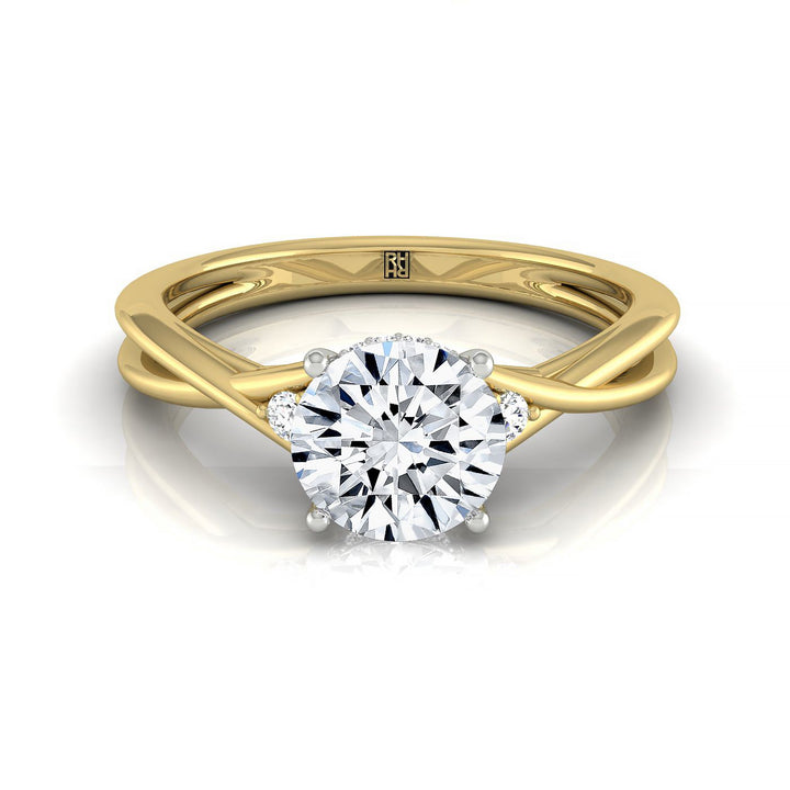 Round Brilliant, Twisted Shank Hidden Halo Solitaire, in 18K Yellow Gold – front view | RockHer