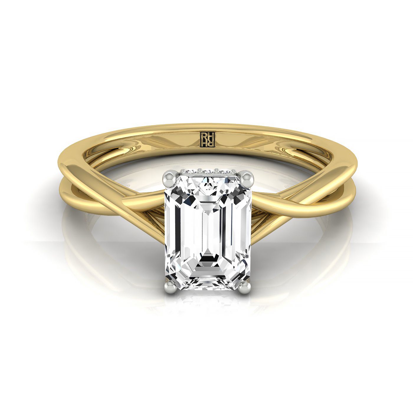 14ky Emerald Twisted Shank Hidden Halo Solitaire Engagement Ring With 16 Prong Set Round Diamonds Sz 7.5