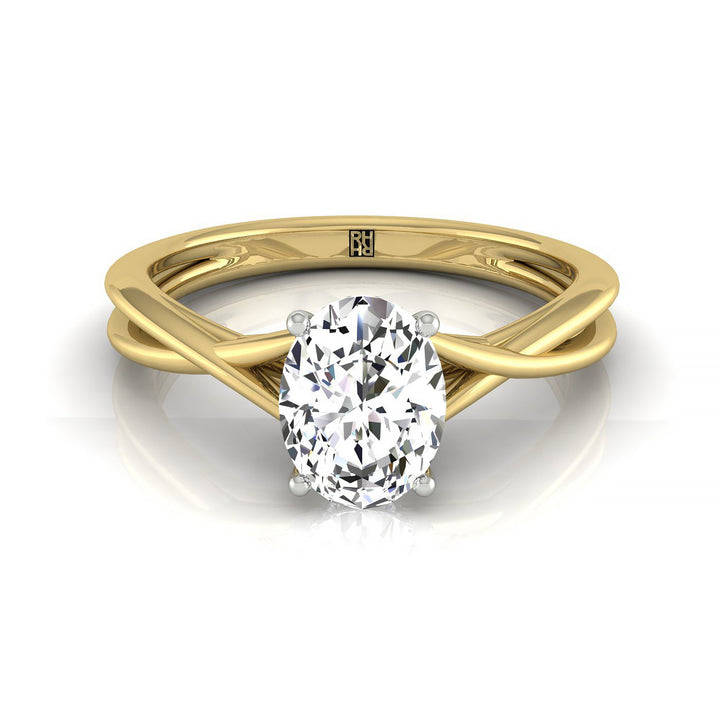 Twisted Shank Hidden Halo Solitaire Oval, in 18K Yellow Gold – front view | RockHer