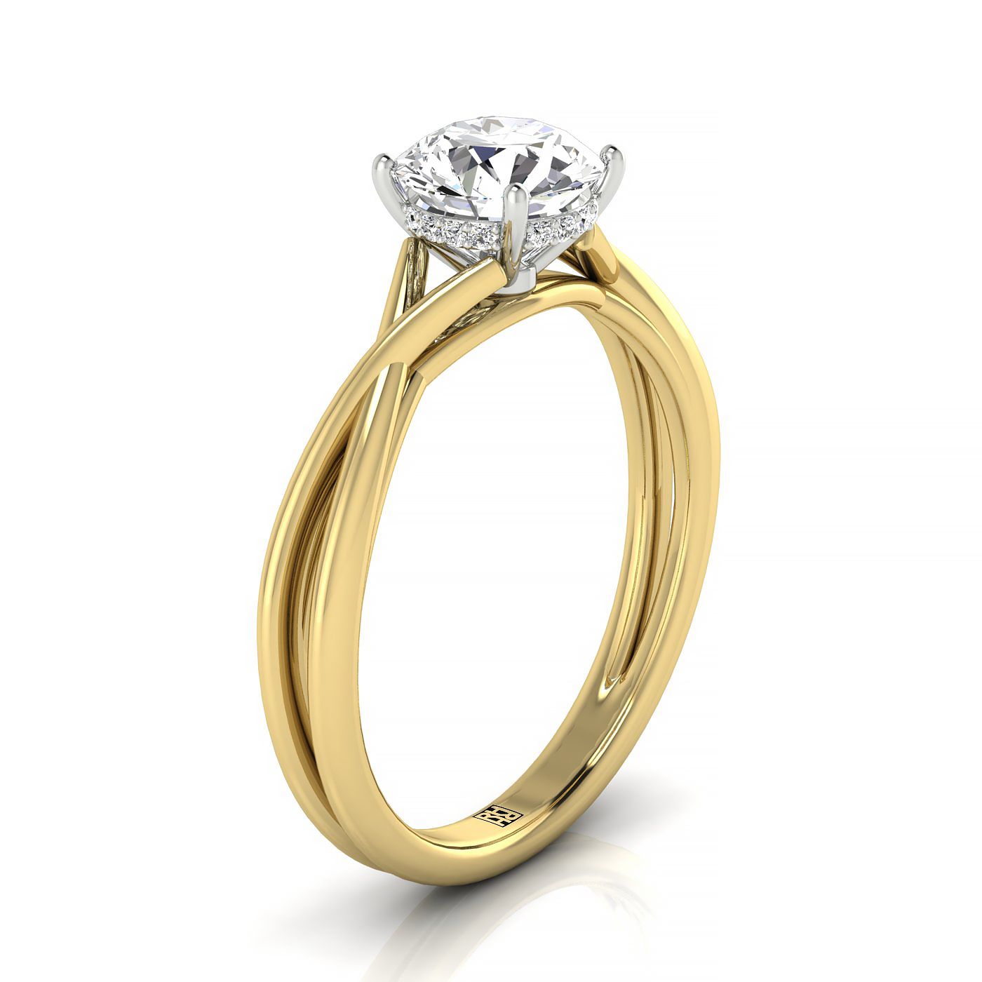 14ky Round Twisted Shank Hidden Halo Solitaire Engagement Ring With 16 Prong Set Round Diamonds