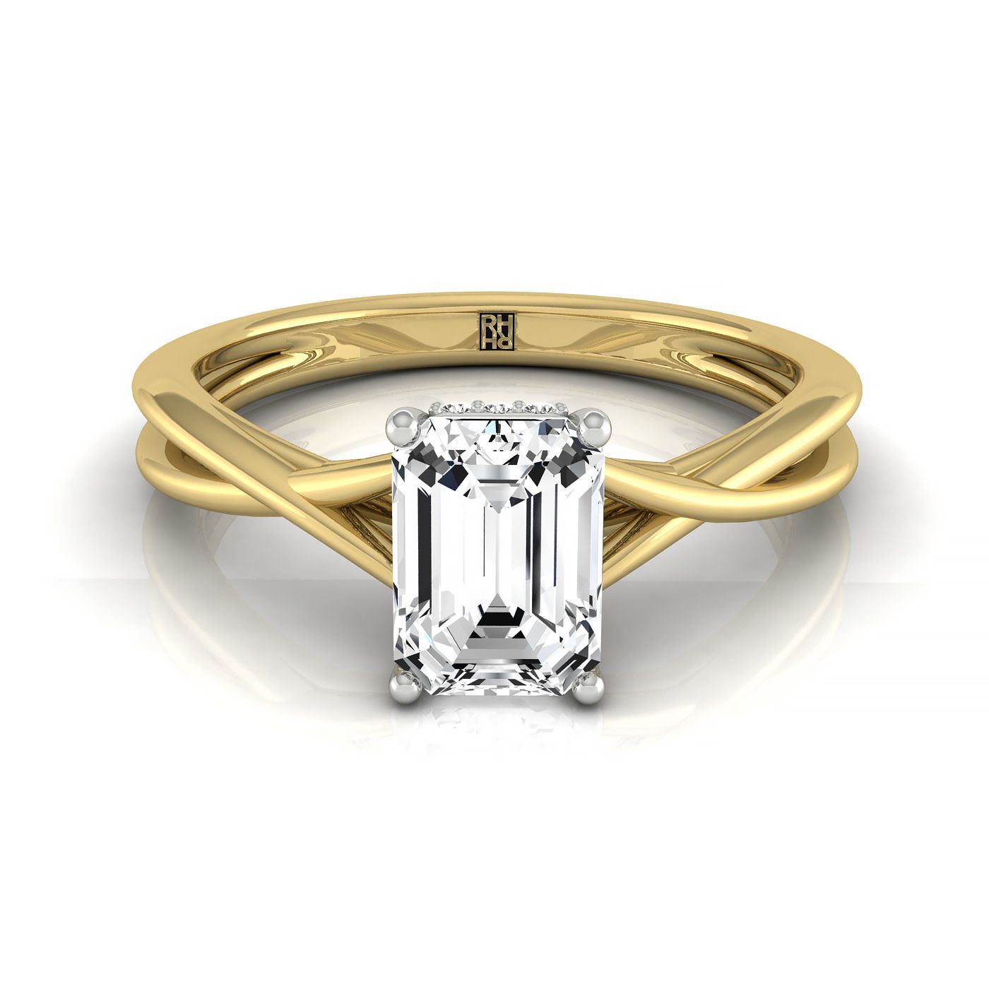 18ky Emerald Twisted Shank Double Hidden Halo Solitaire Engagement Ring With 30 Prong Set Round Diamonds