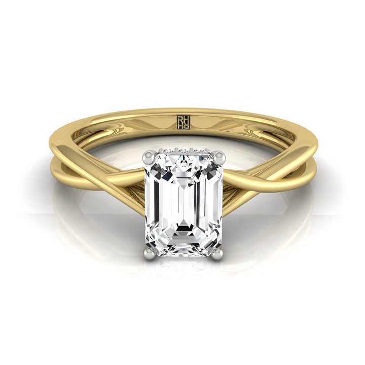 Emerald Cut, Double Hidden Halo Solitaire EM, in 18K Yellow Gold – front view | RockHer