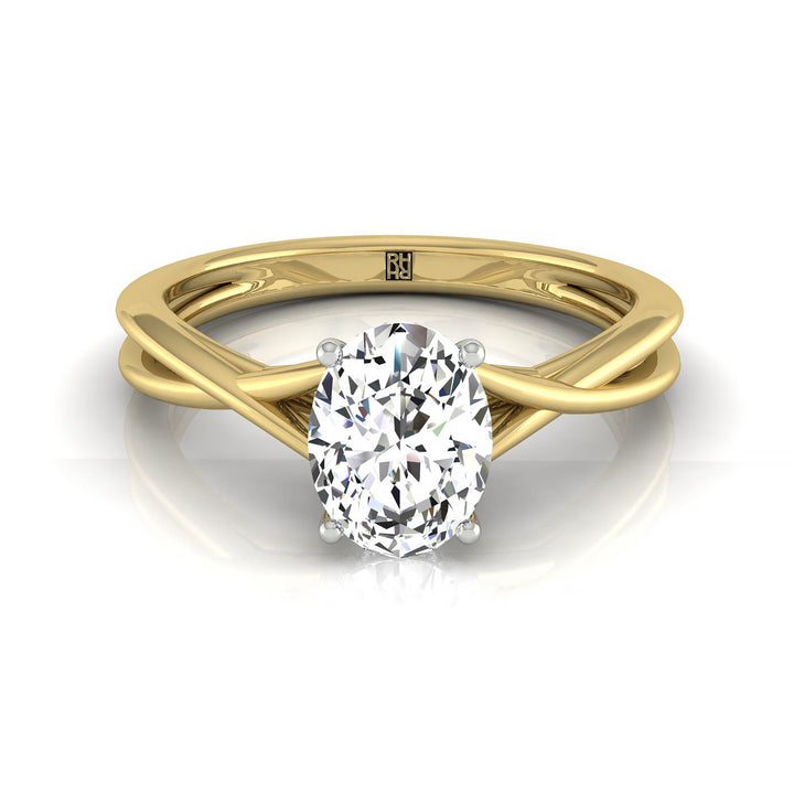 Twisted Shank Double Hidden Halo Solitaire Oval, in 18K Yellow Gold – front view | RockHer