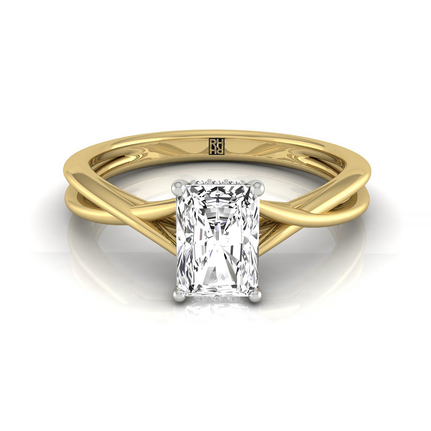 14K Yellow Gold Radiant Twisted Double Hidden Halo Solitaire Engagement Ring