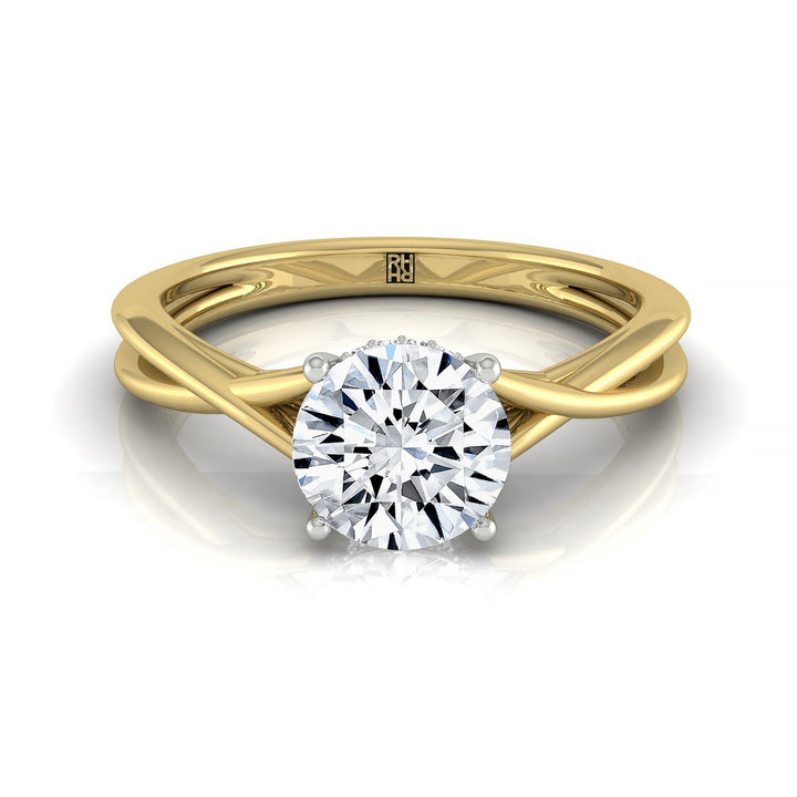 Round Brilliant, Twisted Shank Double Hidden Halo Solitaire Round, in 18K Yellow Gold – front view | RockHer
