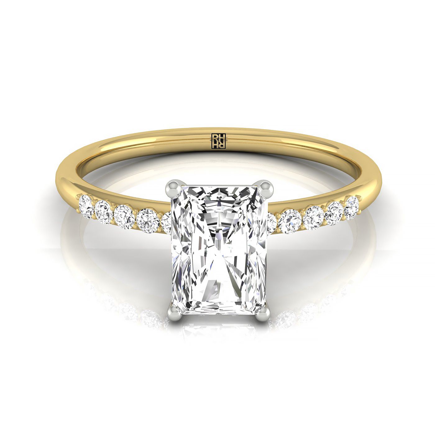 14ky Emerald Hidden Halo Quarter Shank Engagement Ring With 18 Prong Set Round Diamonds