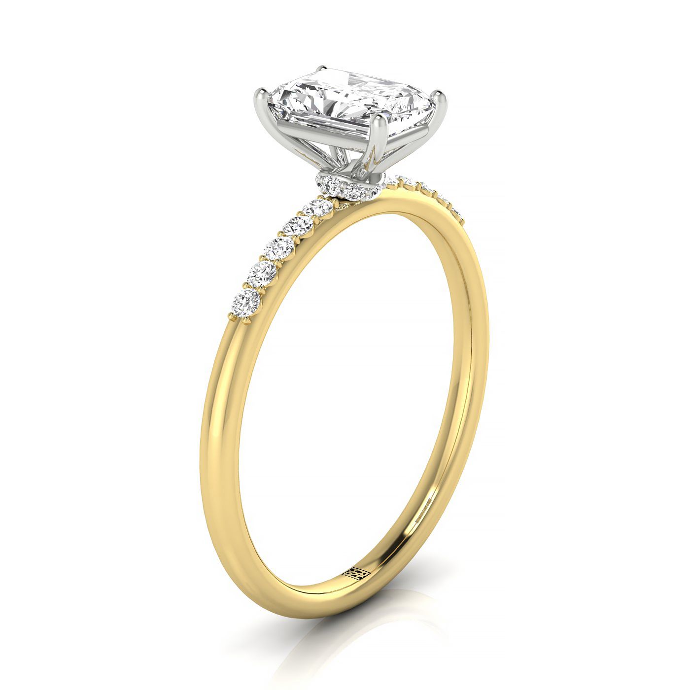 14ky Radiant Hidden Halo Quarter Shank Engagement Ring With 18 Prong Set Round Diamonds