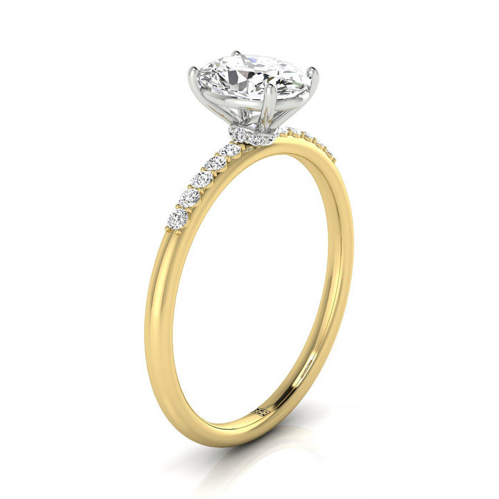 14ky Oval Hidden Halo Quarter Shank Engagement Ring With 18 Prong Set Round Diamonds