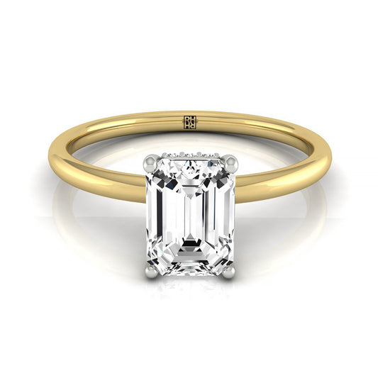 18ky Emerald Solitaire Engagement Ring With Upper Hidden Halo With 16 Prong Set Round Diamonds