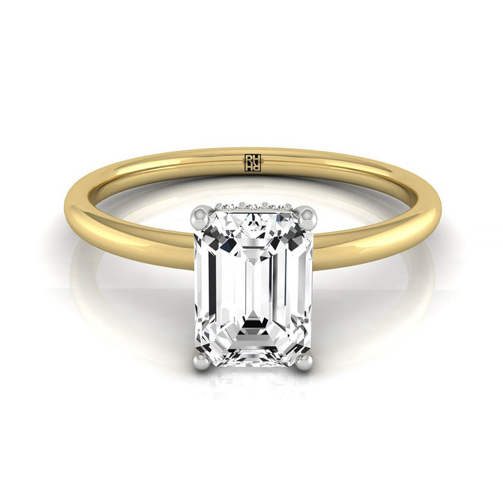 Emerald Cut, Upper Hidden Halo Solitaire Emerald, in 18K Yellow Gold – front view | RockHer