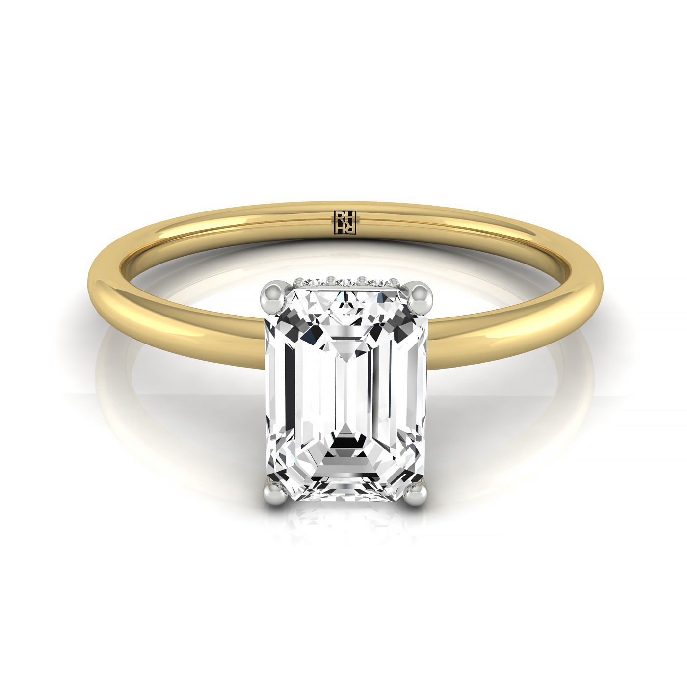 แหวนหมั้นแบบโซลิแทร์มรกต 14ky พร้อมฮาโลซ่อนด้านบนและเพชรรูปกลม 16 กรง