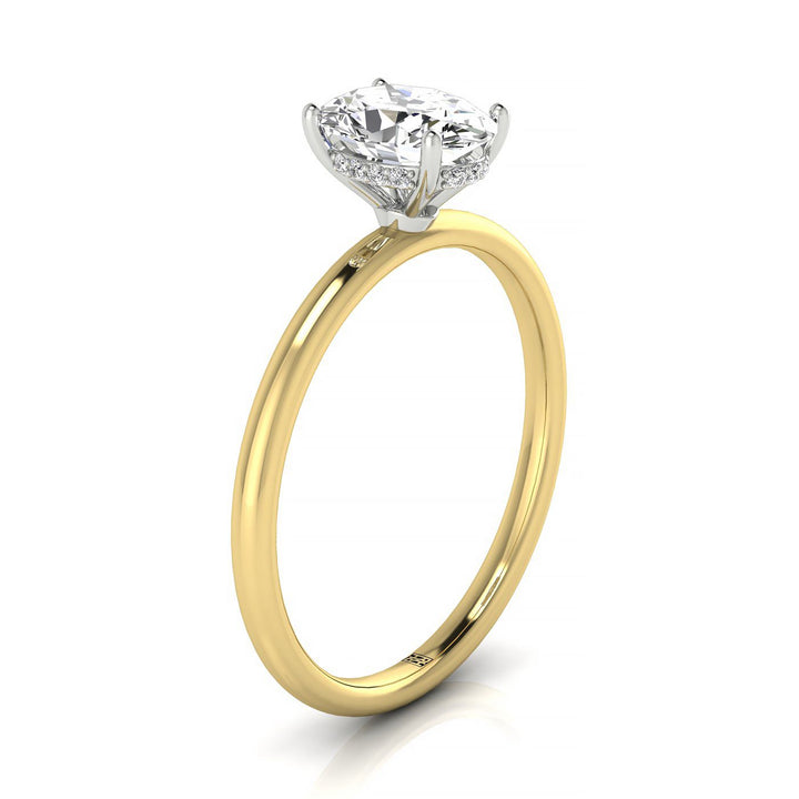 14ky Oval Solitaire Engagement Ring With Upper Hidden Halo With 16 Prong Set Round Diamonds
