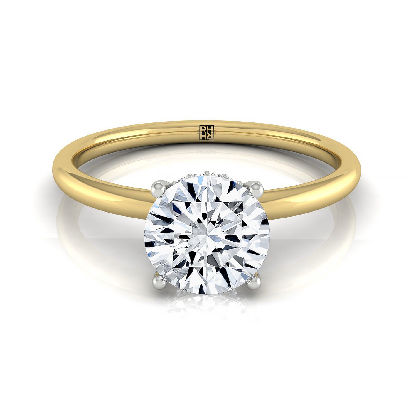 14ky Round Solitaire Engagement Ring With Upper Hidden Halo With 16 Prong Set Round Diamonds