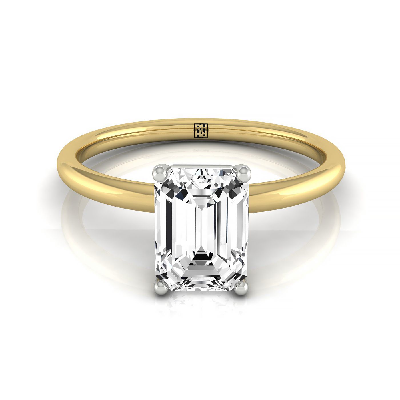 แหวนหมั้นแบบโซลิแทร์มรกต 14ky พร้อมฮาโลลับด้านล่างโค้งและเพชรรูปกลม 8 กรง