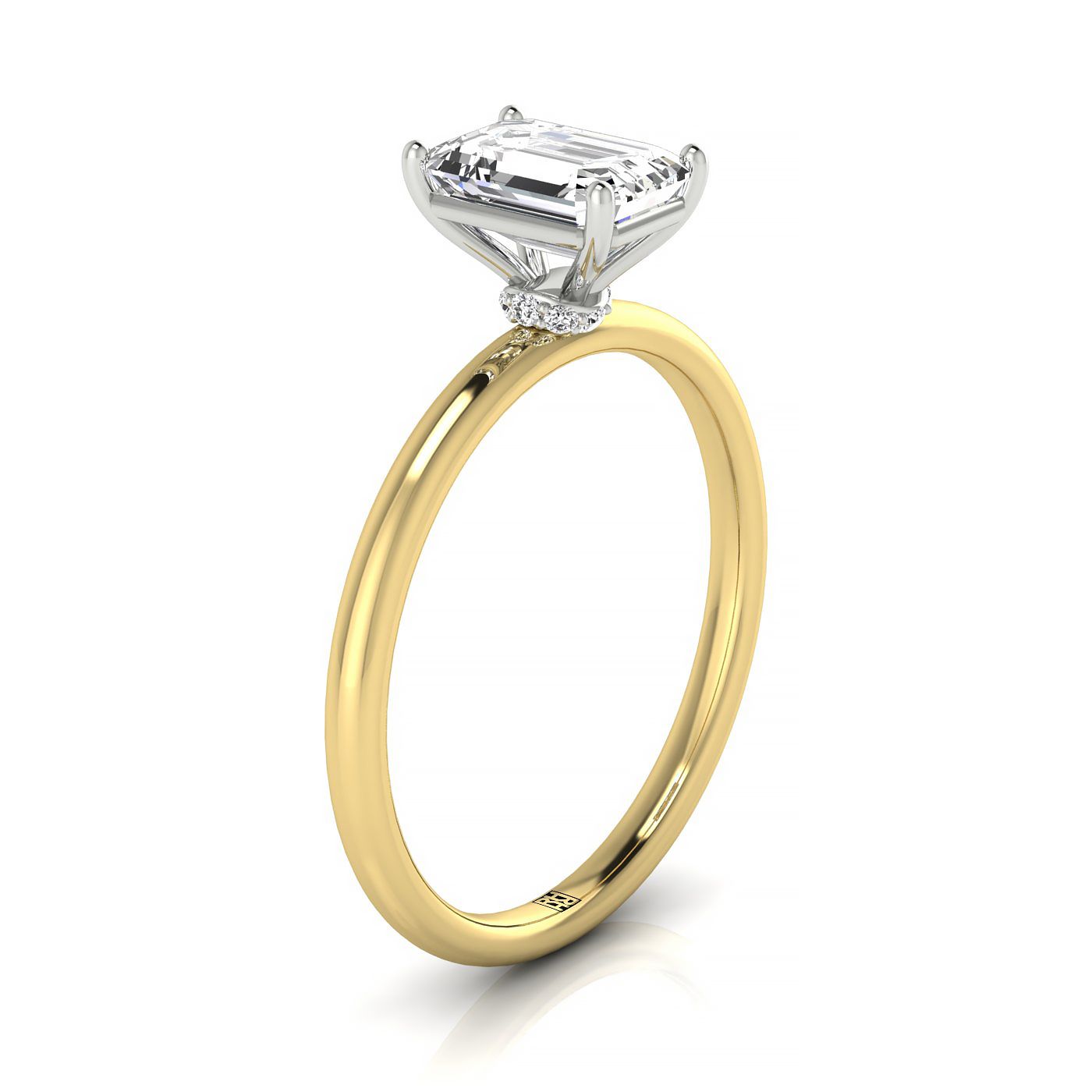 แหวนหมั้นแบบโซลิแทร์มรกต 14ky พร้อมฮาโลลับด้านล่างโค้งและเพชรรูปกลม 8 กรง