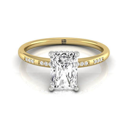 18ky Radiant Engagement Ring With High Hidden Halo With 36 Prong Set Round Diamonds