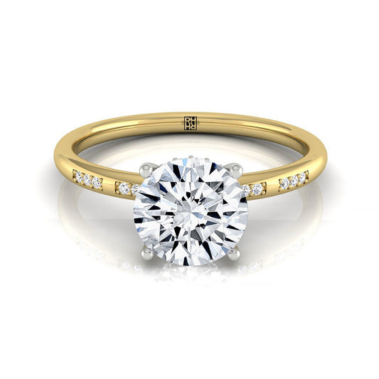 18ky Round Engagement Ring With High Hidden Halo With 26 Prong Set Round Diamonds