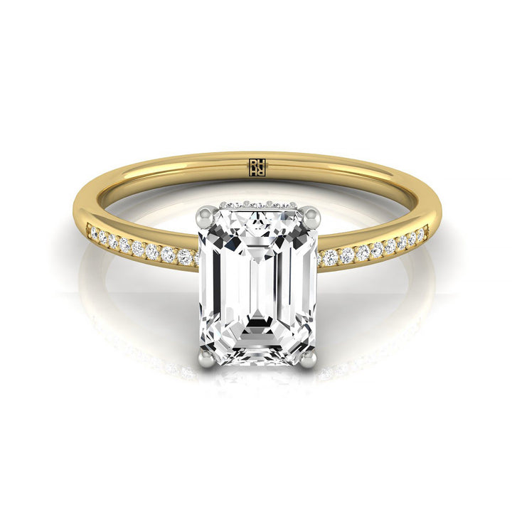 Emerald Cut, High Hidden Halo Solitaire Emerald, in 18K Yellow Gold – front view | RockHer