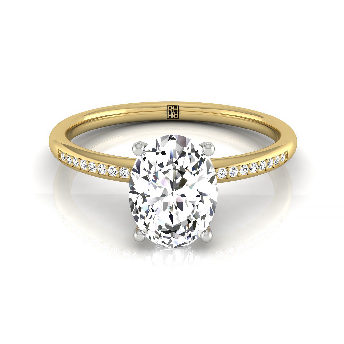 แหวนหมั้นรูปไข่ 14ky พร้อมฮาโลซ่อนสูงและเพชรรูปกลม 30 เม็ดแบบตั้งกรง