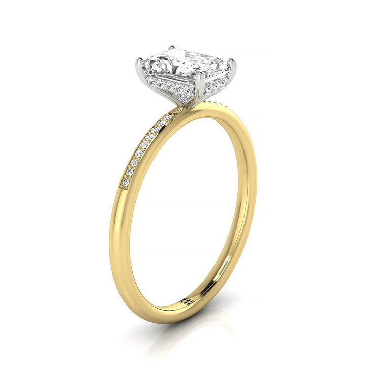 18ky Radiant Engagement Ring With High Hidden Halo With 42 Prong Set Round Diamonds