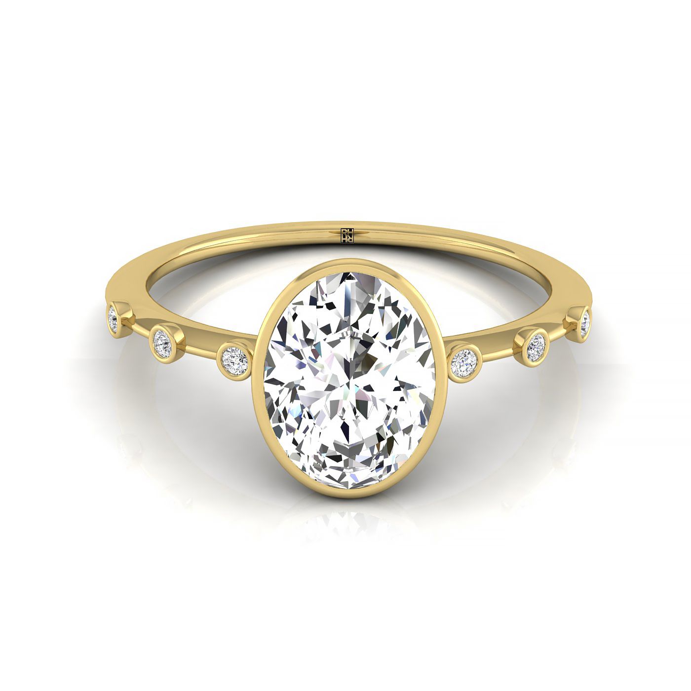 18ky Bezel Set Oval Engagement Ring With 6 Bezel Set Round Diamonds On Shank