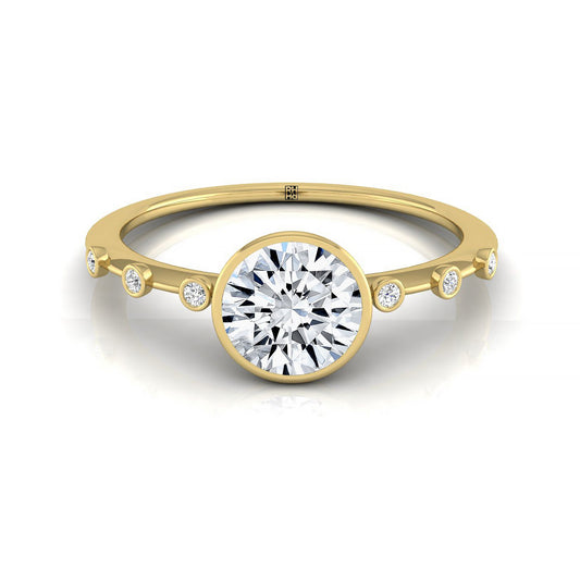 18ky Bezel Set Round Engagement Ring With 6 Bezel Set Round Diamonds On Shank