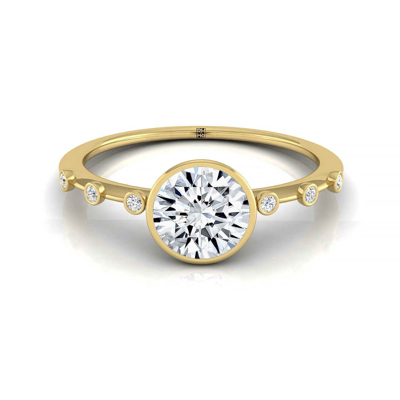 18ky Bezel Set Round Engagement Ring With 6 Bezel Set Round Diamonds On Shank