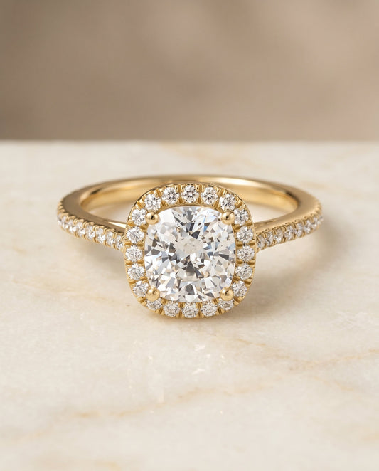 The Sonata Pavé Halo Engagement Ring Setting for Cushion Diamonds in 18K Yellow Gold | RockHer