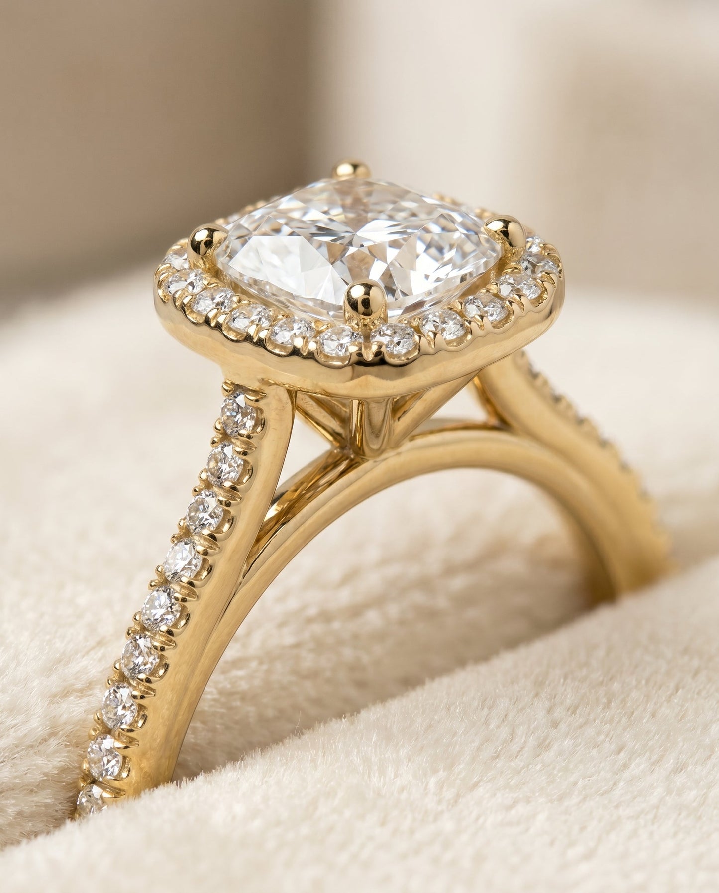 ตัวเรือนแหวนหมั้น Sonata Pavé Halo สำหรับเพชรทรง Cushion (คุชชั่น) ทองคำ 18K
